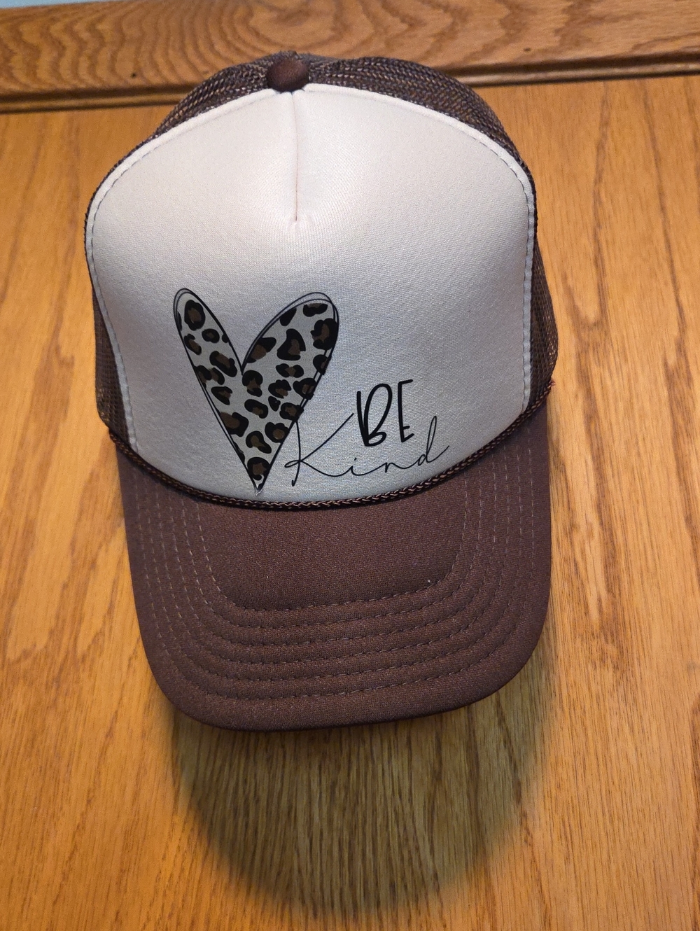 Be Kind Women's Trucker Hat - Brown and White with Leopard Heart